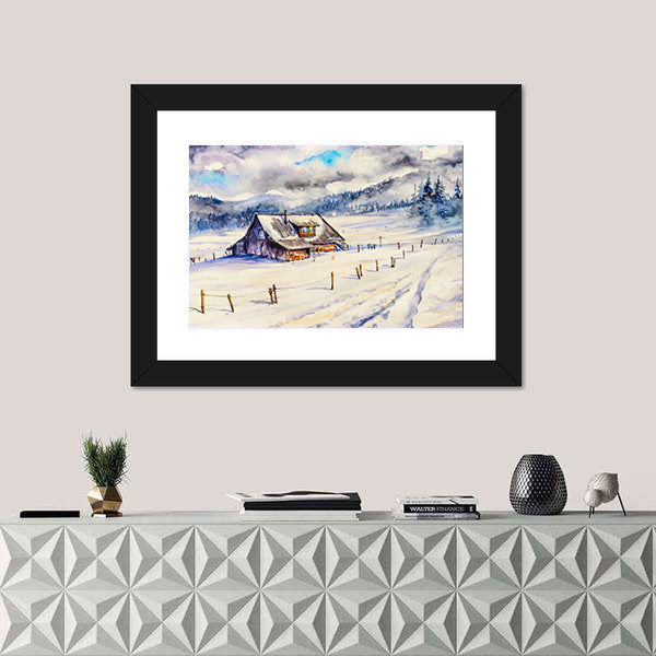 Snowy Cottage in Winter Mountains Canvas Wall Art