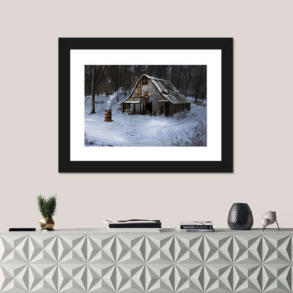 Small Cottage House In The Winter Forest Canvas Wall Art