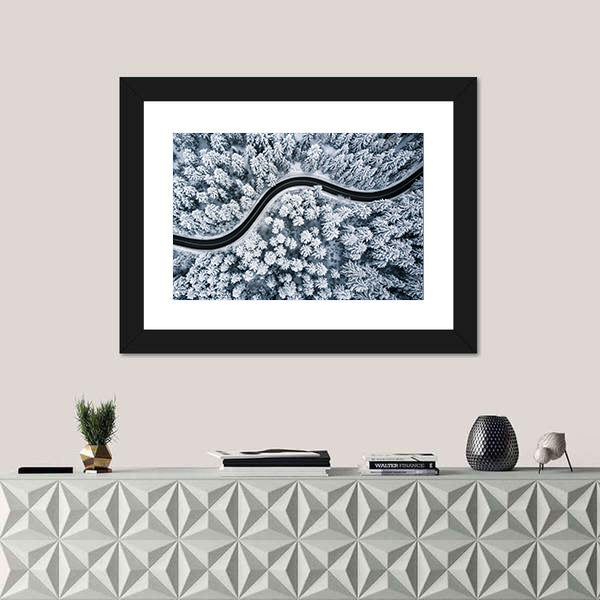 Curvy Windy Road In Snow Covered Forest Canvas Wall Art