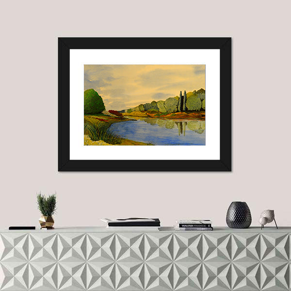 Scenic Lake Illustration Canvas Wall Art