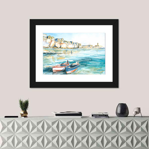 Two Rowboats in Sunny Coastal Watercolor Canvas Wall Art