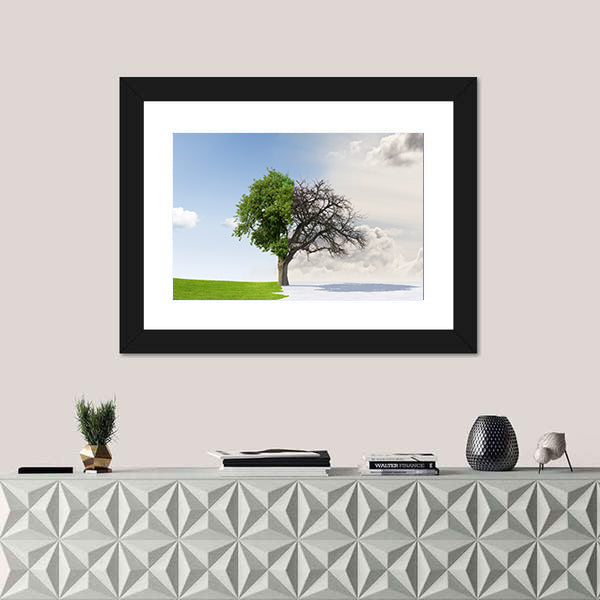 Tree Split Between Summer and Winter Canvas Wall Art