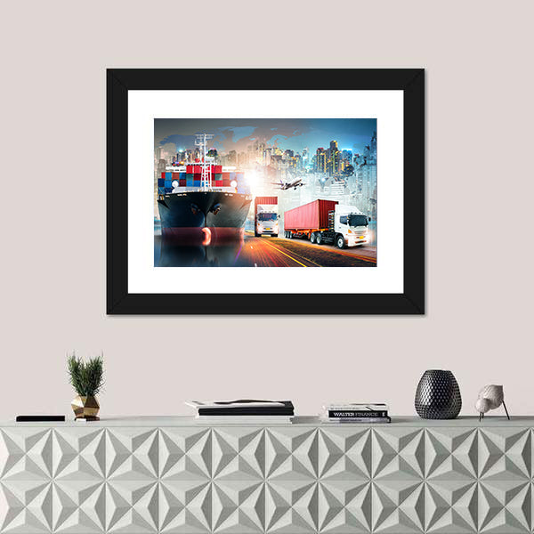 Global Logistics Collage with Cargo Ship and Containers Canvas Wall Art