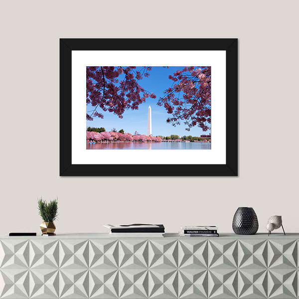 Cherry Blossom And Washington Monument Over Lake Canvas Wall Art