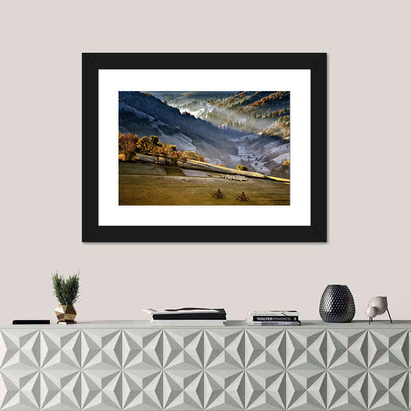 Shepherd With Sheep Heard In The Mountains Of Romania Canvas Wall Art