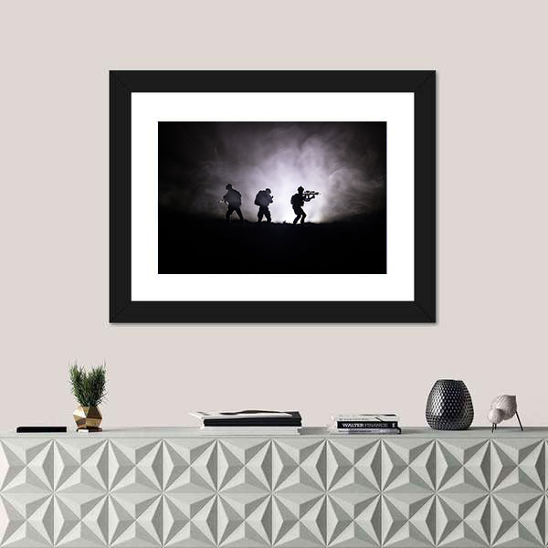 Military Soldier Silhouette With Gun Canvas Wall Art