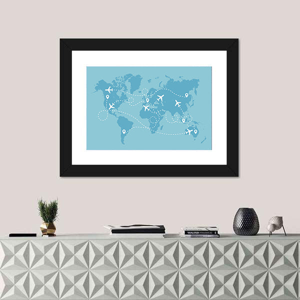 Airplane Travel Route On World Map Canvas Wall Art