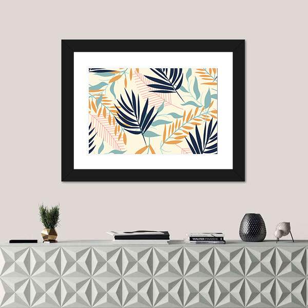 Tropical Leaves Pattern in Navy and Mustard Canvas Wall Art