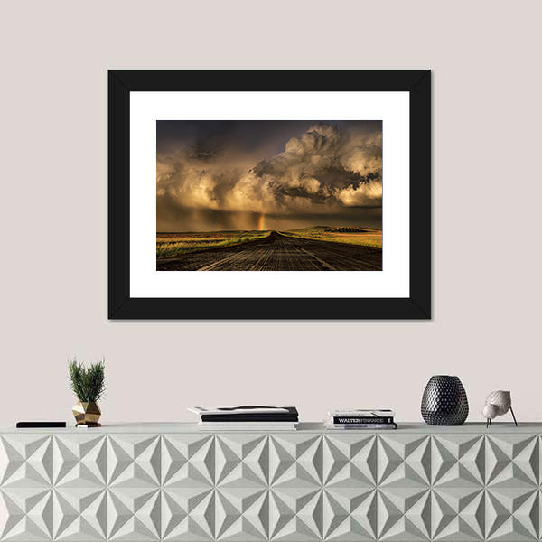 Travel Through South Dakota Border  Near Lemmon Town Canvas Wall Art in black, gray and orange, framed print shown in a room