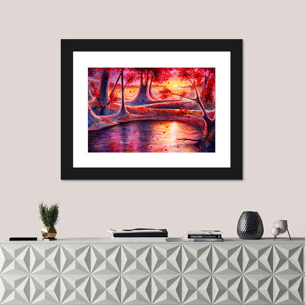 Autumn Lake Forest Watercolor Canvas Wall Art