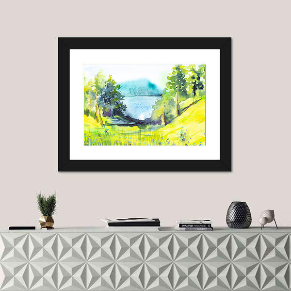 Watercolor Forest By Lake Canvas Wall Art