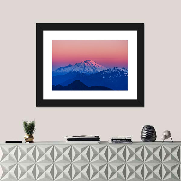 Mountain Peak In North Cascade Range Washington Canvas Wall Art in black, white and pink, framed print shown in a room