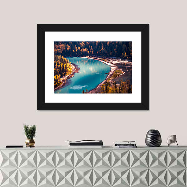 Xinjiang Kanas River In China Canvas Wall Art in green, turquoise and blue, framed print shown in a room