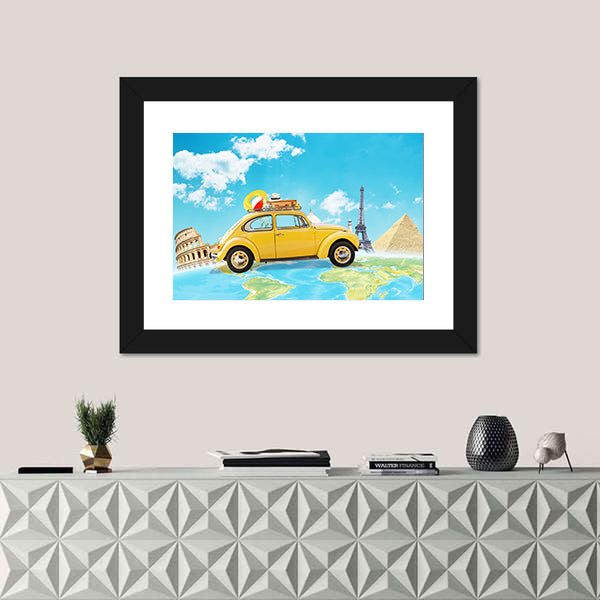 Yellow Vintage Car Over World Map Canvas Wall Art