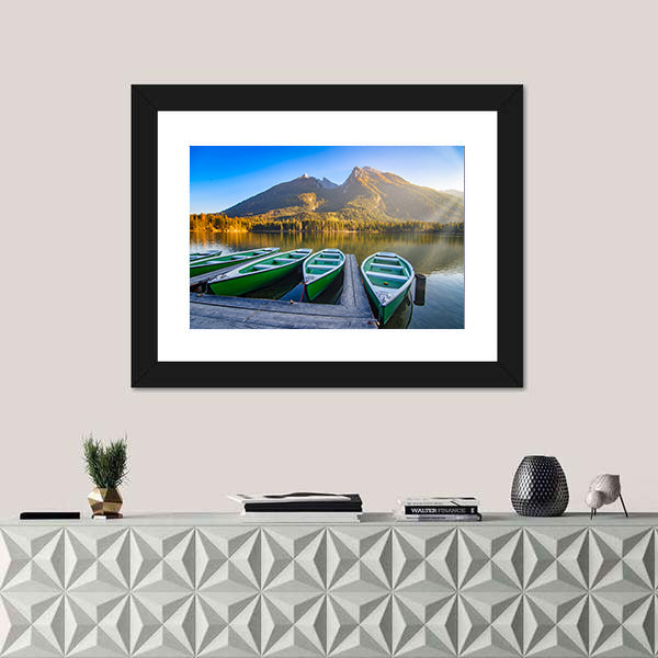 Green Rowboats on Mountain Lake Canvas Wall Art