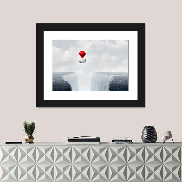 Red Balloon and Paper Boat Above Twin Waterfalls Canvas Wall Art