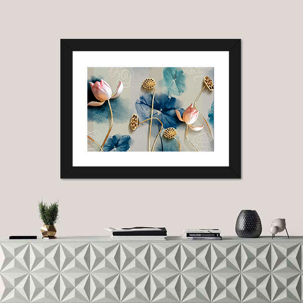 Lotus Garden Illustration with Gold Accents Canvas Wall Art
