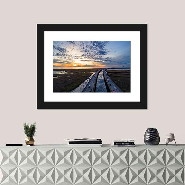 Sunset Over Highway Bridge Canvas Wall Art