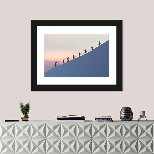 Roped Mountaineers on Slanted Blue Slope Canvas Wall Art