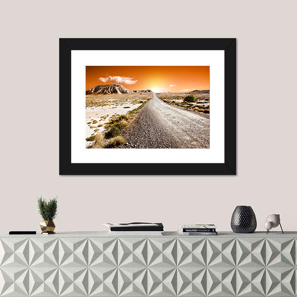 Sunset Desert Landscape With Road Canvas Wall Art