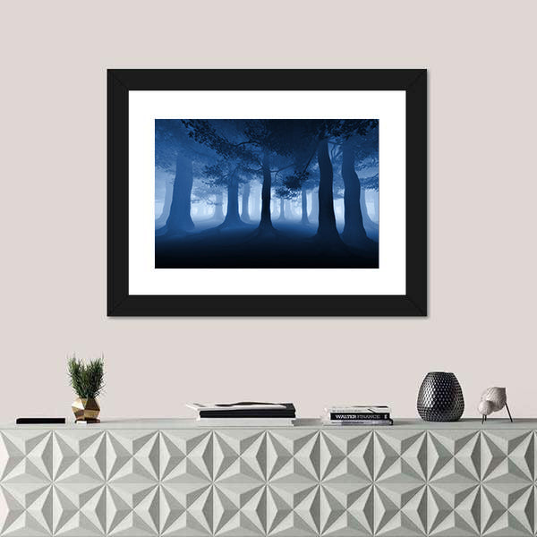 Dark Blue Forest With A Ray Of Light Canvas Wall Art