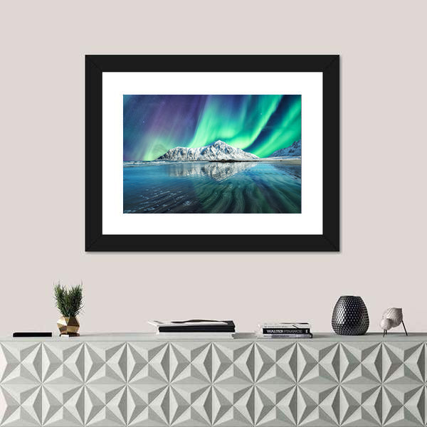 Northern Lights On Snowy Mountain In Lofoten Islands Canvas Wall Art