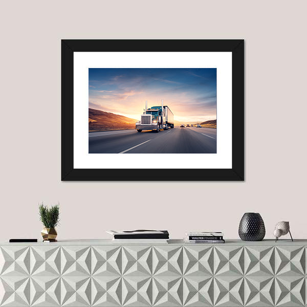 American Style Truck On Freeway Pulling Load Canvas Wall Art