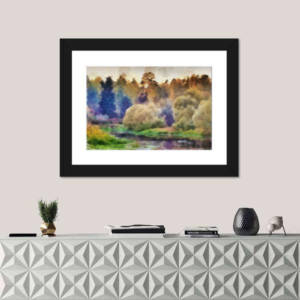 Autumn Watercolor Forest with River Canvas Wall Art