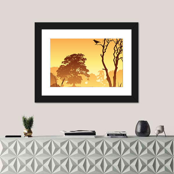 Country Meadow Landscape With Trees And Bird Canvas Wall Art