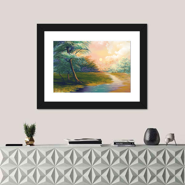 River In Spring Forest Sunset Canvas Wall Art