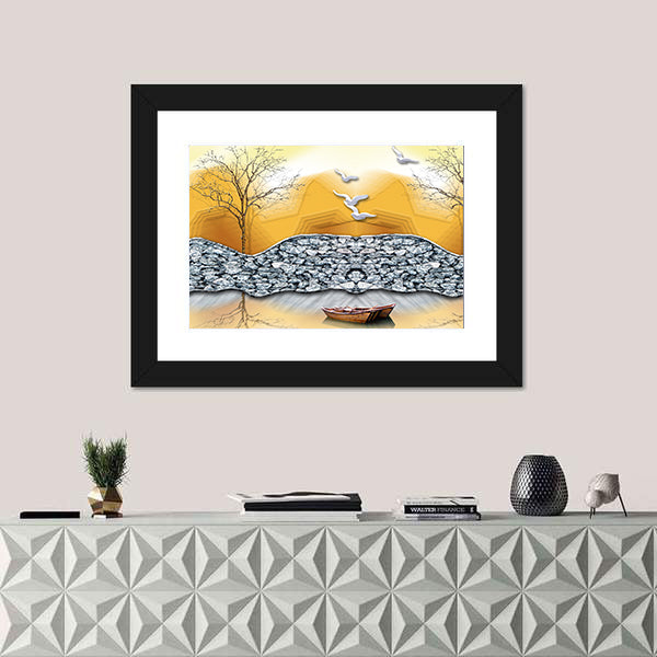 3d Lake Illustration with Boat Canvas Wall Art