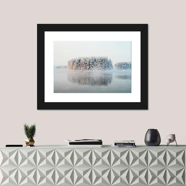 Unfrozen Lake In Winter Forests Of Karelia Russia Canvas Wall Art