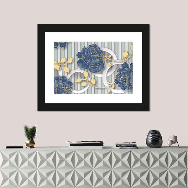Abstract Blue Roses with Gold Leaves and Rings Canvas Wall Art