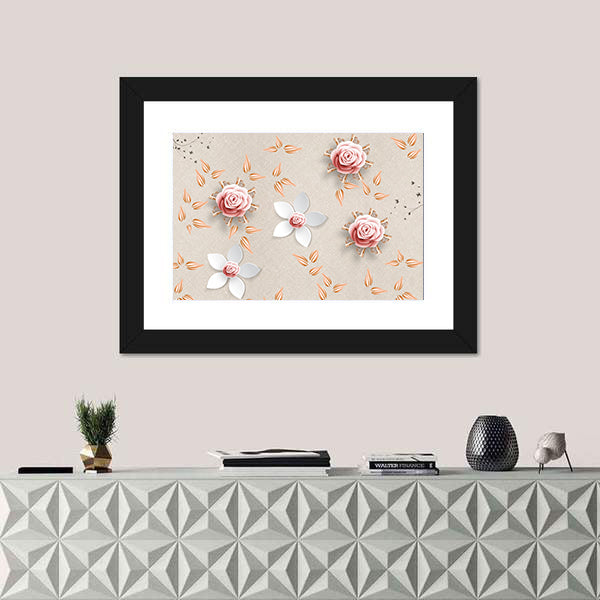 3d Stylized Pink Roses and White Flowers Canvas Wall Art