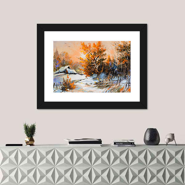 Snow-covered Cabin with Orange Foliage Canvas Wall Art