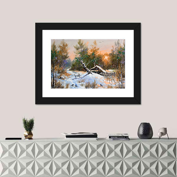 Snowy Cabin in Winter Forest Canvas Wall Art