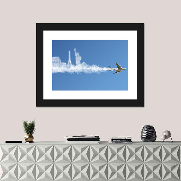 Commercial Jet with Landmark Smoke Trail Canvas Wall Art