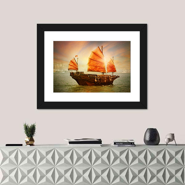 Chinese Junk Boat at Sunset Canvas Wall Art