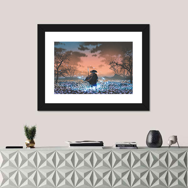 Ancient Samurai in Flowered Meadow Canvas Wall Art