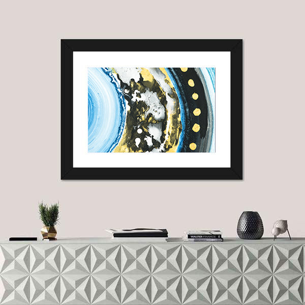 Blue and Black Abstract with Gold Dots Canvas Wall Art