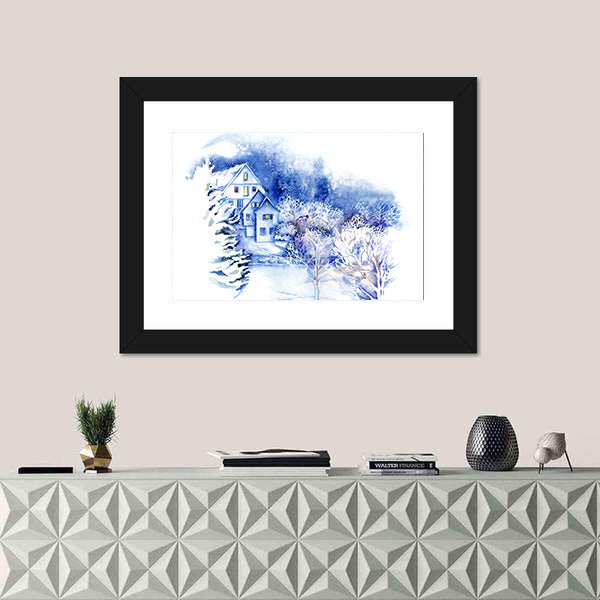 Snow-covered Houses Watercolor Landscape Canvas Wall Art