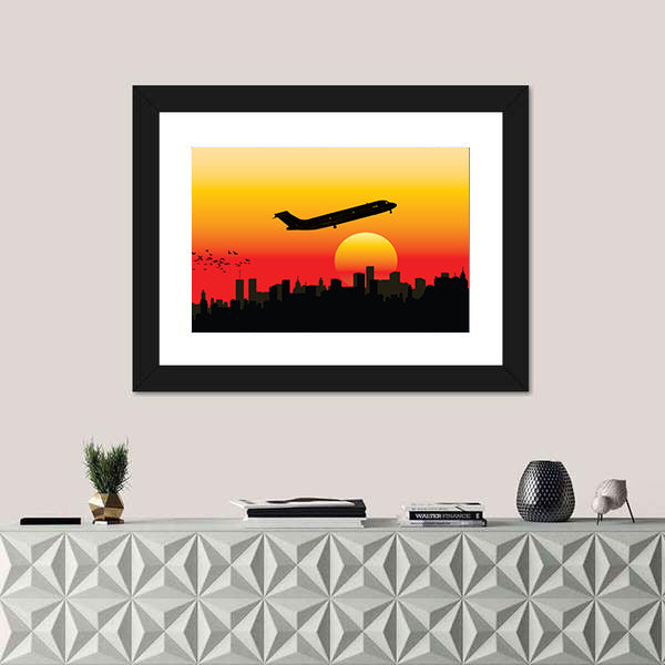 Airplane On Sunset Sky Wall Art