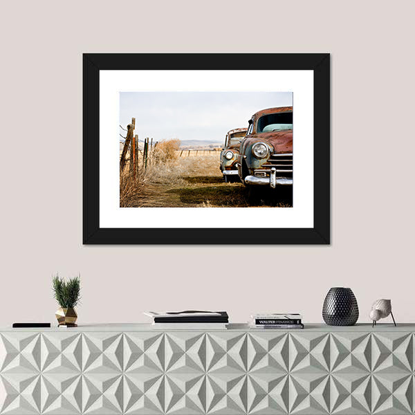 Rusty Vintage Cars in Rural Field Canvas Wall Art