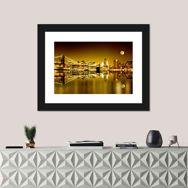 Moonlit Brooklyn Bridge and Lower Manhattan Canvas Wall Art