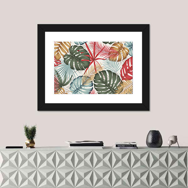 Seamless Colorful Monstera and Palm Leaves Canvas Wall Art