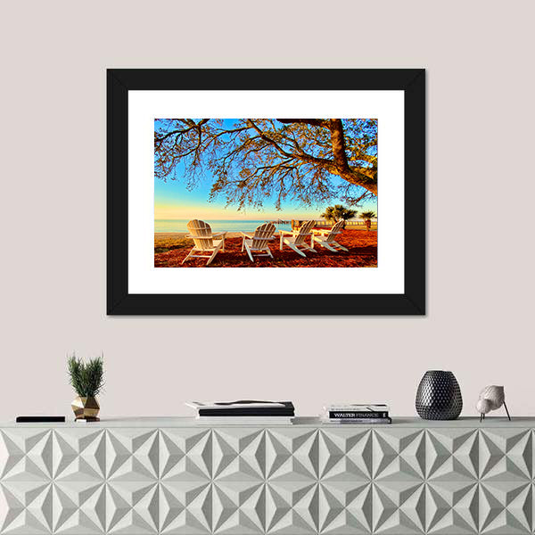 Four White Adirondack Chairs at Sunset Canvas Wall Art