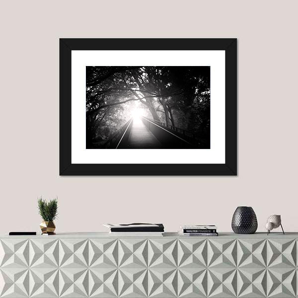 Bridge In Forest With Sun Rays Canvas Wall Art