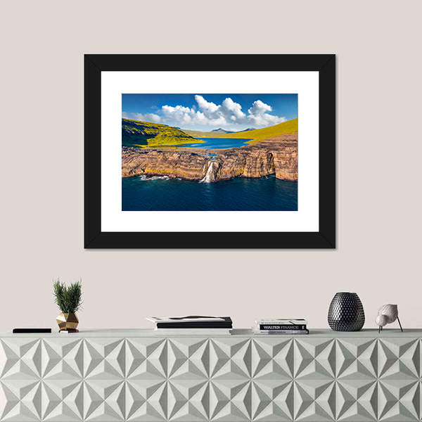 Bosdalafossur Waterfall And Sorvagsvatn Lake In Denmark Canvas Wall Art