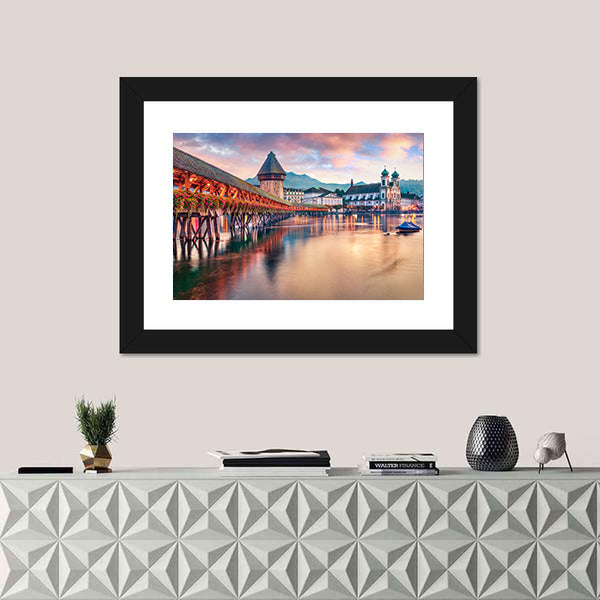 Old Wooden Chapel Bridge Kapellbrucke In Switzerland Canvas Wall Art