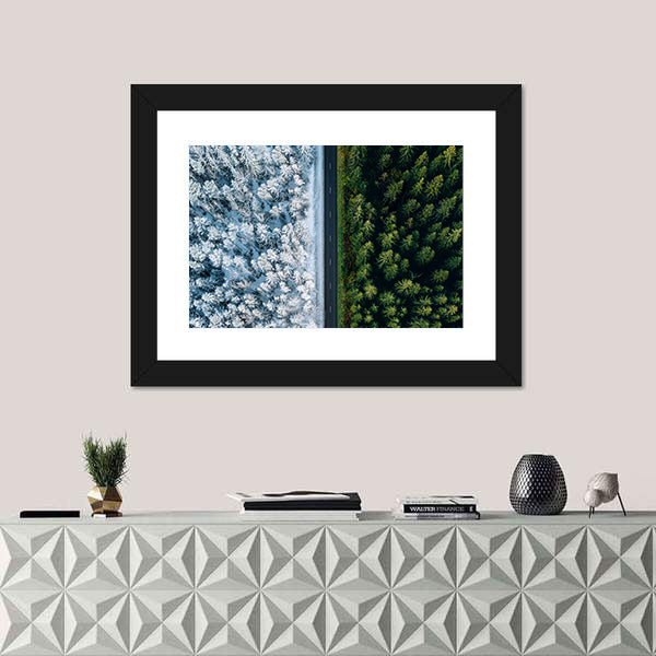 Highway Road Through Forest In Summer And Winter Canvas Wall Art